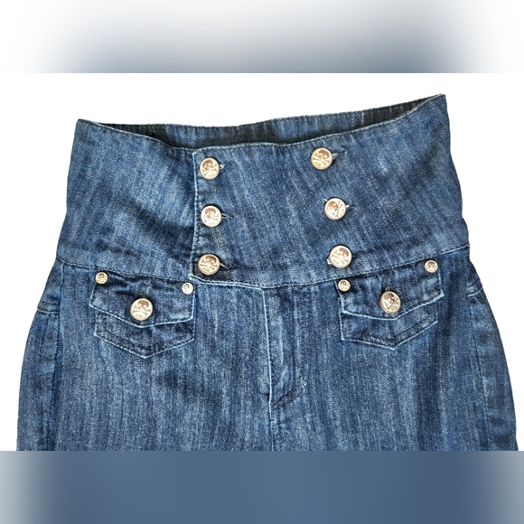 Vintage Y2K YNQ Ultra-High Rise Dark Wash Goth Flare Skull Jeans / Size 9 - Picture 2 of 10